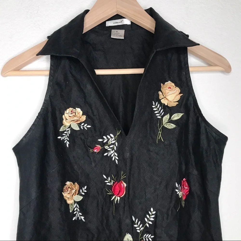 Edward black sleeveless linen floral top medium - Picture 2 of 12